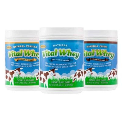 Vital whey vanilla, cocoa and natural jars.